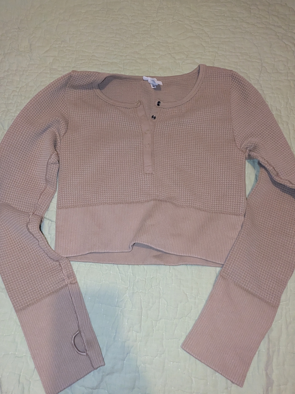 aerie Cropped Waffle Henley in Dusty Rose